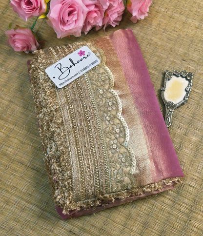 Utsav | Blush Pink Tissue Organza Silk Saree with Zari Lace