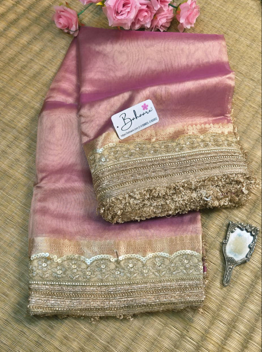 Utsav | Blush Pink Tissue Organza Silk Saree with Zari Lace