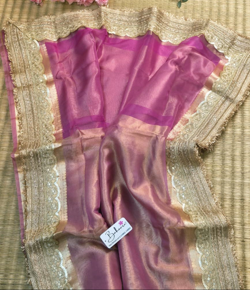 Utsav | Blush Pink Tissue Organza Silk Saree with Zari Lace