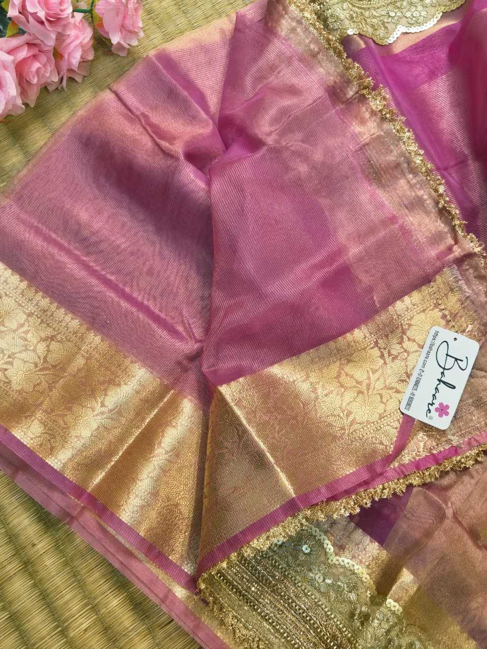 Utsav | Blush Pink Tissue Organza Silk Saree with Zari Lace