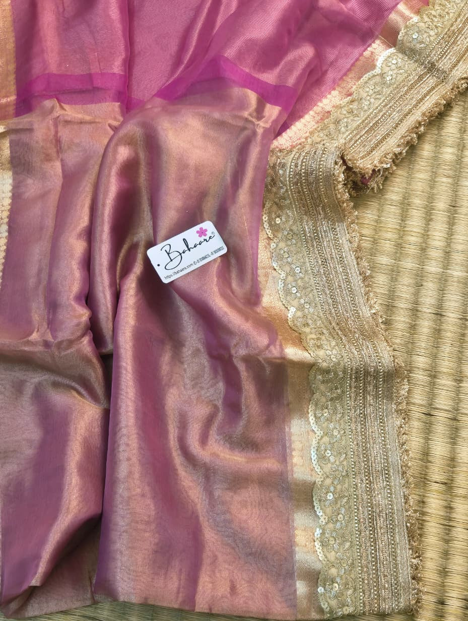 Utsav | Blush Pink Tissue Organza Silk Saree with Zari Lace