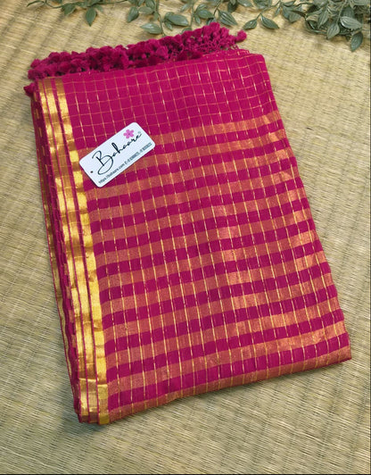 Megha | Rani Pink Tissue Saree with Golden Zari Stripe