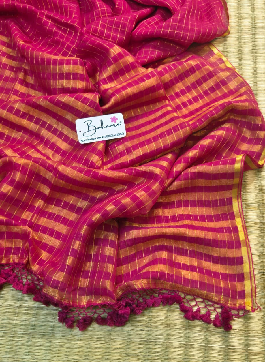 Megha | Rani Pink Tissue Saree with Golden Zari Stripe
