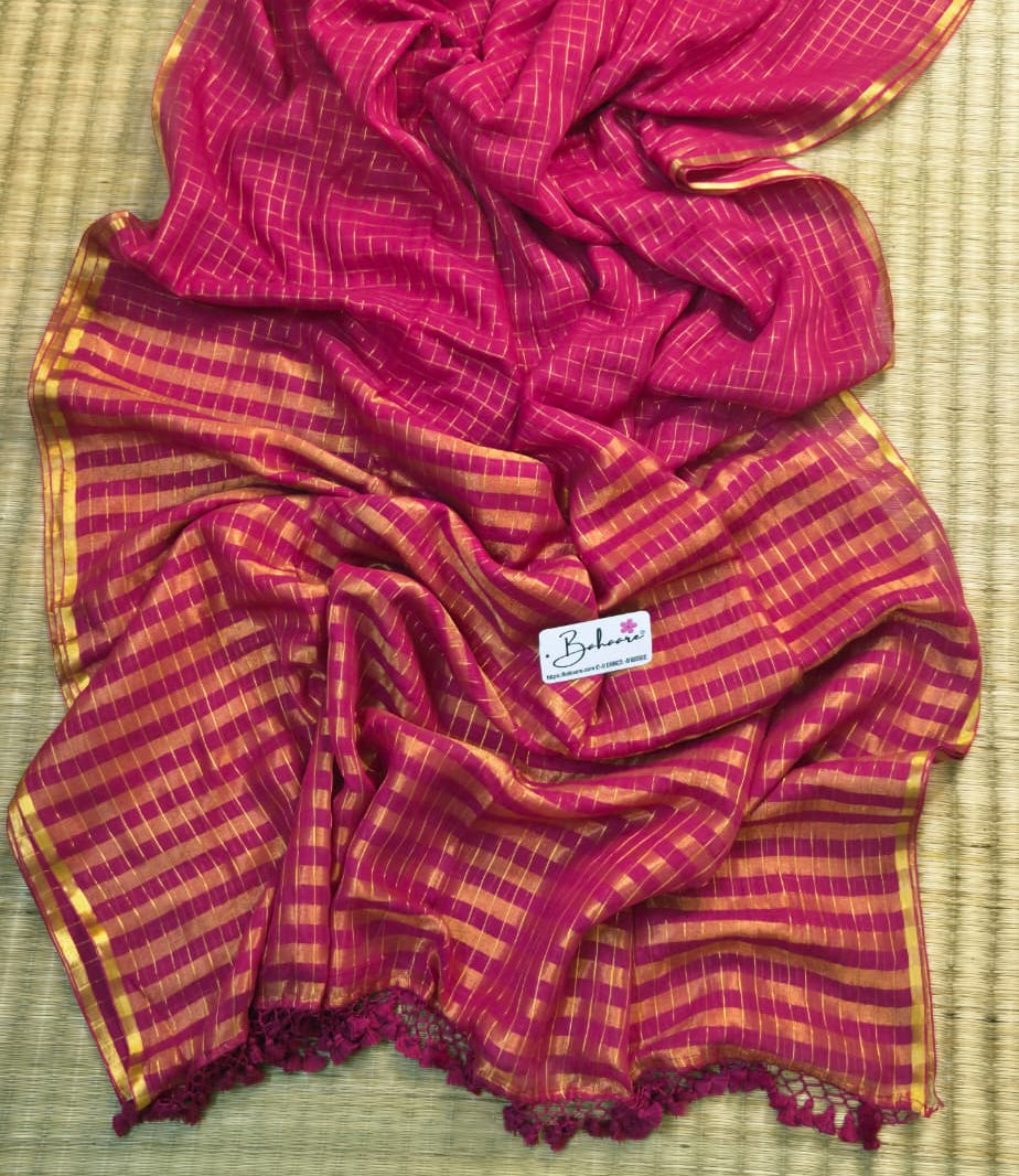 Megha | Rani Pink Tissue Saree with Golden Zari Stripe