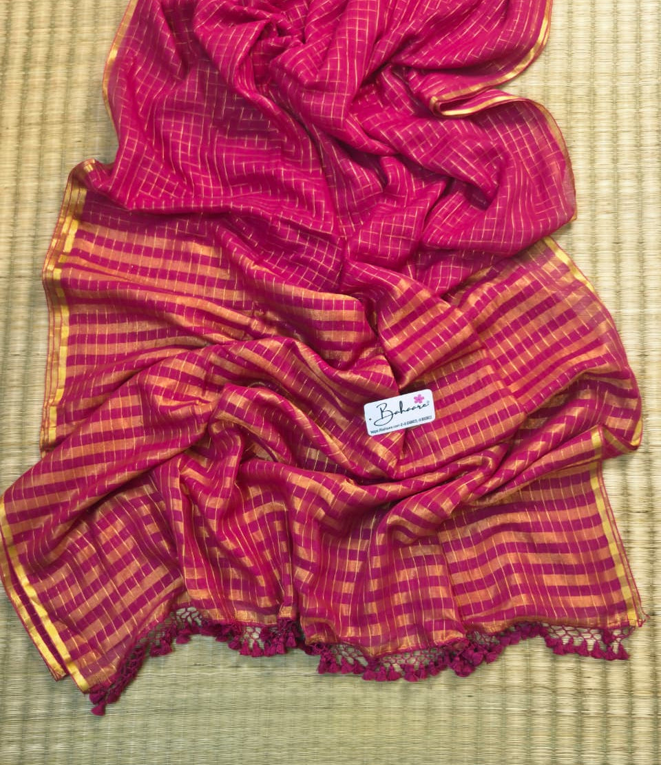Megha | Rani Pink Tissue Saree with Golden Zari Stripe