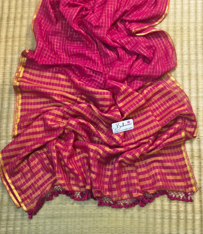 Megha | Rani Pink Tissue Saree with Golden Zari Stripe