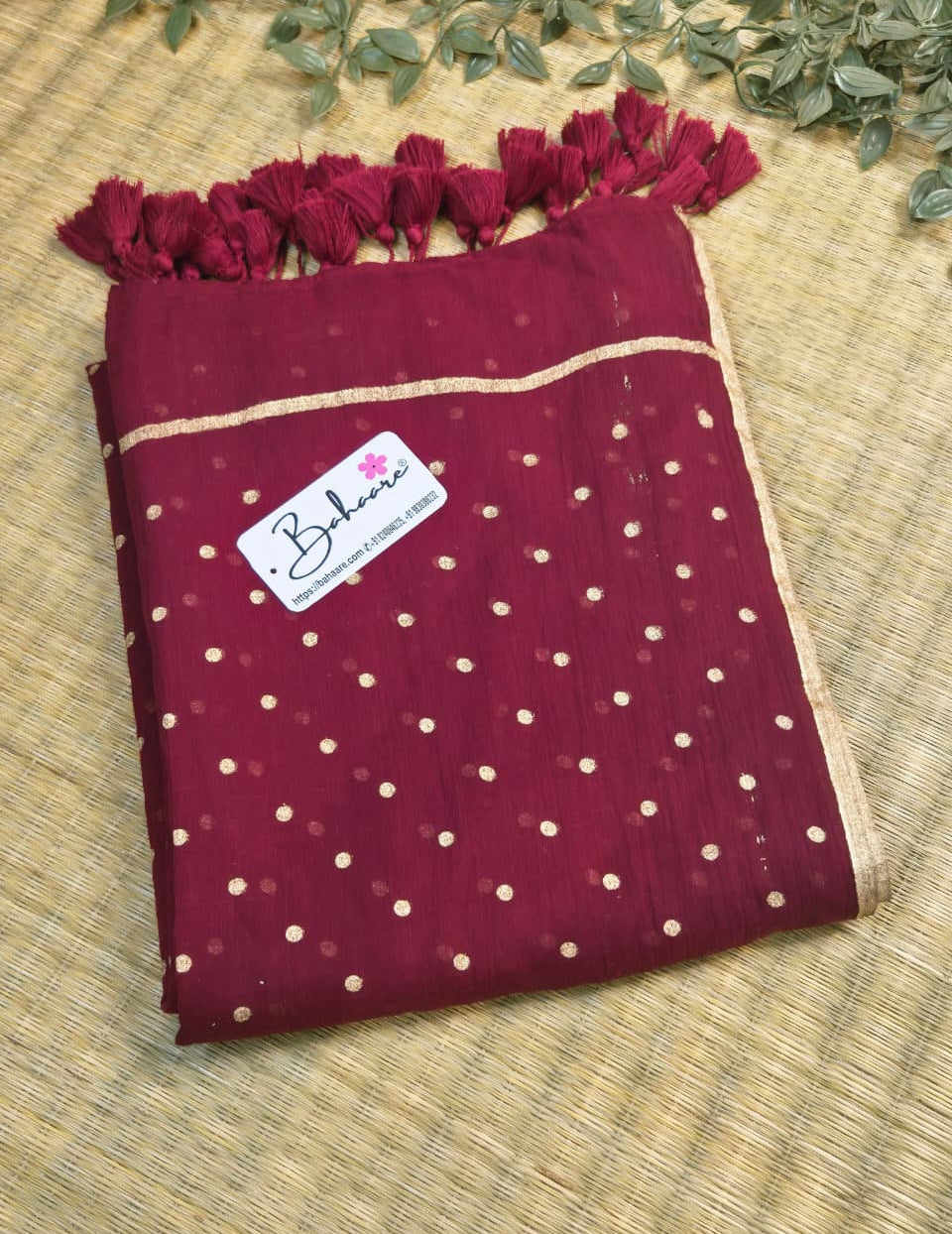 Polka Passion | Rich Maroon Mul Mul Cotton Saree with Golden Polka Dots