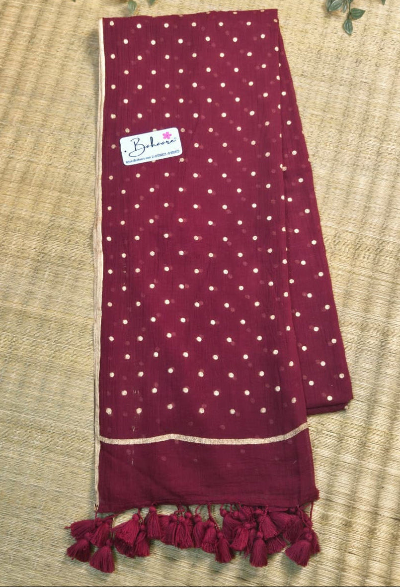 Polka Passion | Rich Maroon Mul Mul Cotton Saree with Golden Polka Dots