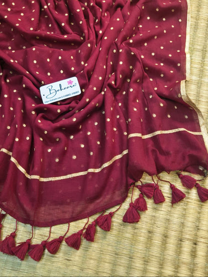 Polka Passion | Rich Maroon Mul Mul Cotton Saree with Golden Polka Dots