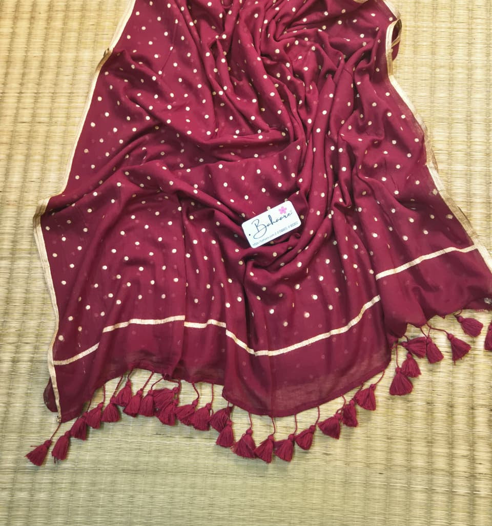 Polka Passion | Rich Maroon Mul Mul Cotton Saree with Golden Polka Dots