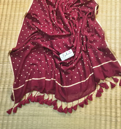 Polka Passion | Rich Maroon Mul Mul Cotton Saree with Golden Polka Dots