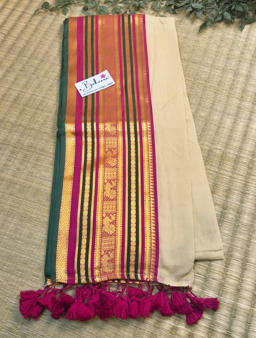 Noor | Royal Beige Mul Mul Cotton Saree with Multicoloured Zari Border