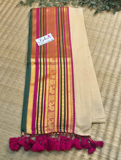 Noor | Royal Beige Mul Mul Cotton Saree with Multicoloured Zari Border