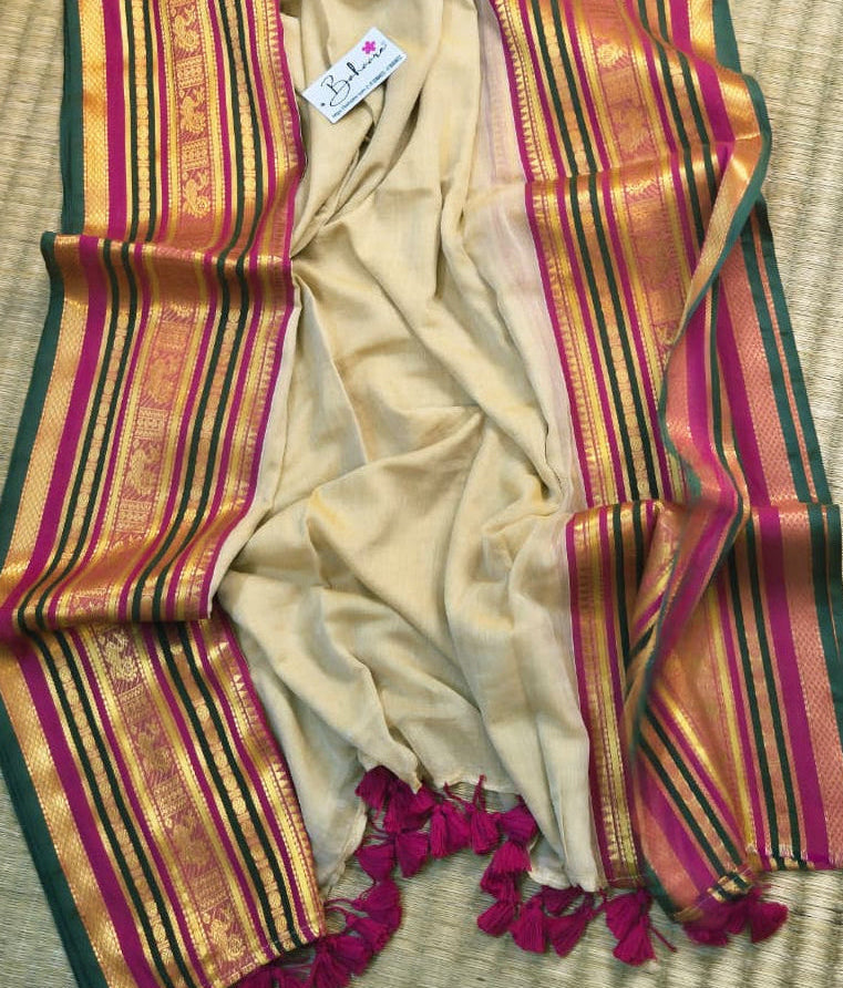 Noor | Royal Beige Mul Mul Cotton Saree with Multicoloured Zari Border