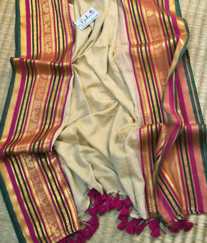 Noor | Royal Beige Mul Mul Cotton Saree with Multicoloured Zari Border