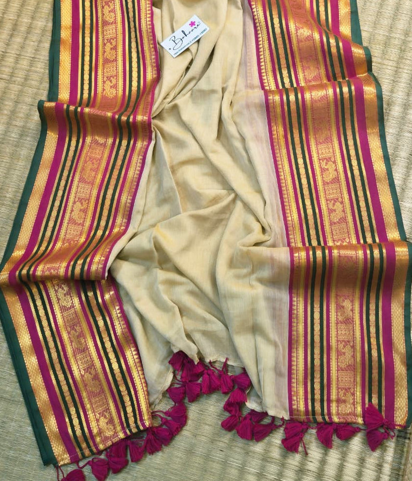 Noor | Royal Beige Mul Mul Cotton Saree with Multicoloured Zari Border