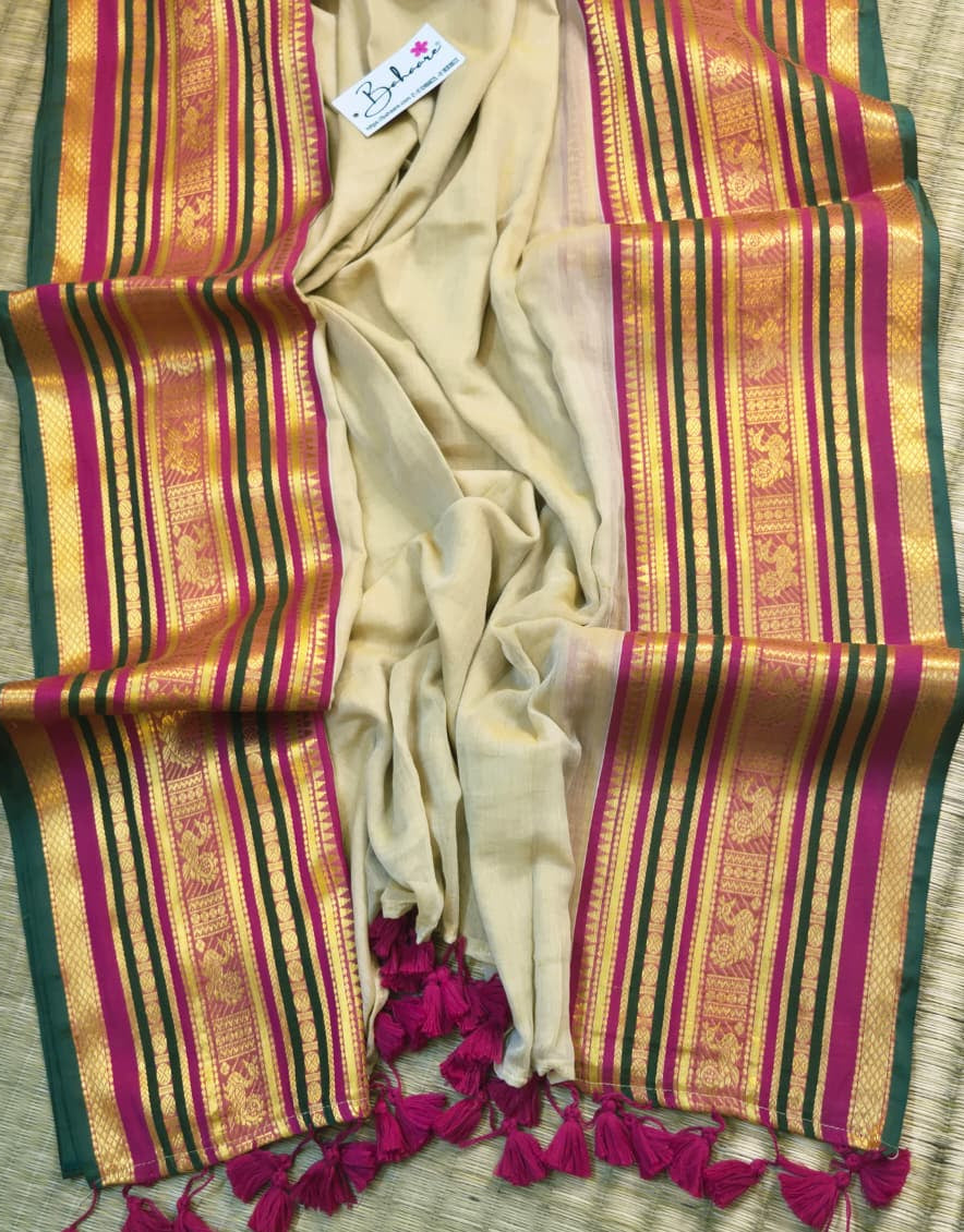 Noor | Royal Beige Mul Mul Cotton Saree with Multicoloured Zari Border