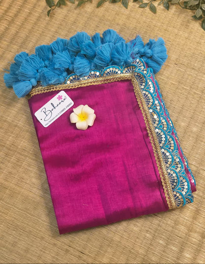 Megha | Raspberry Pink Tissue Saree with Designer Lace
