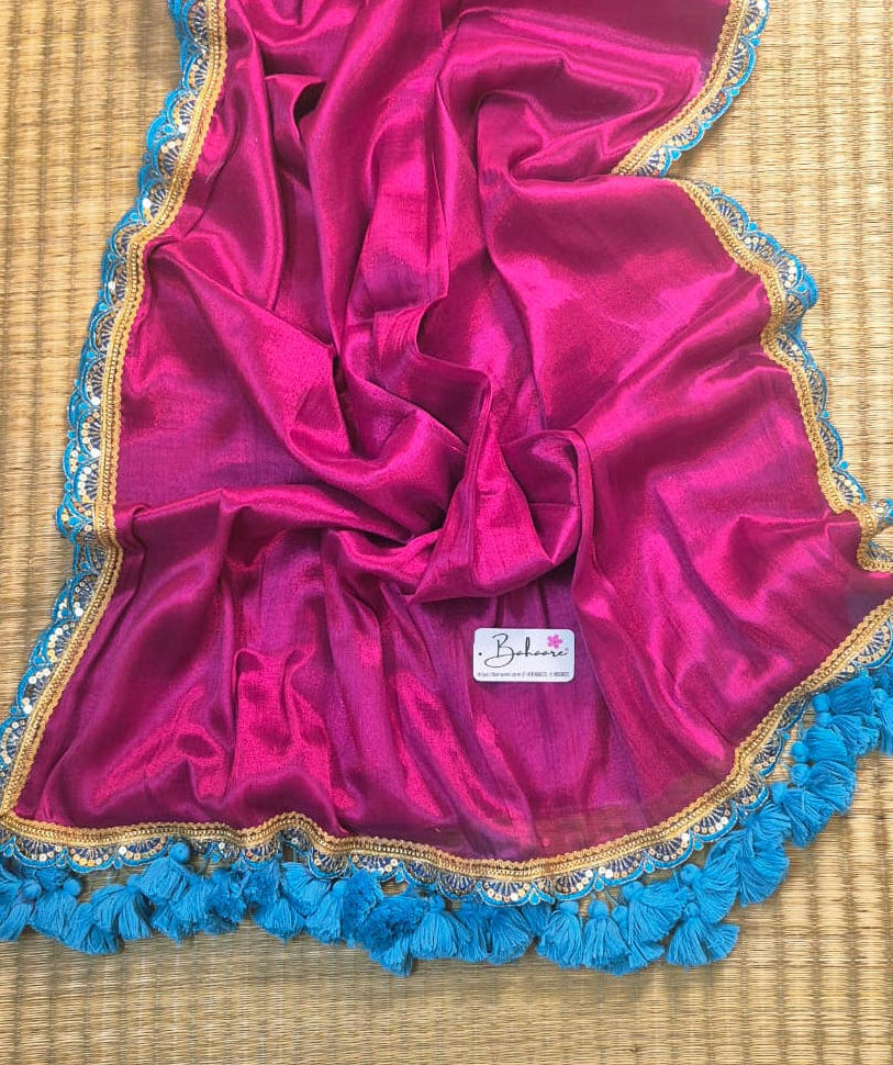 Megha | Raspberry Pink Tissue Saree with Designer Lace