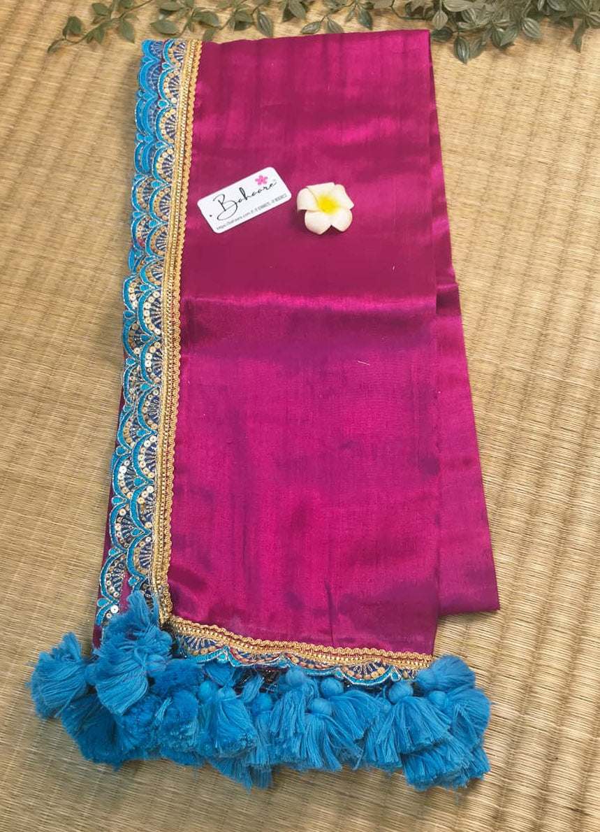 Megha | Raspberry Pink Tissue Saree with Designer Lace
