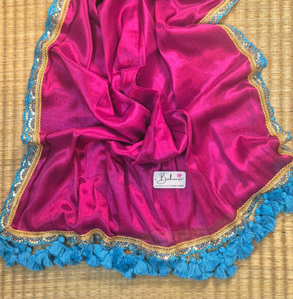 Megha | Raspberry Pink Tissue Saree with Designer Lace