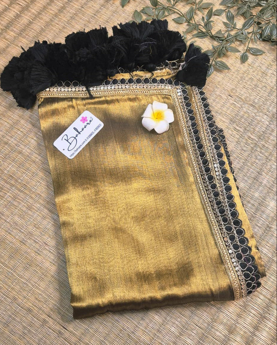 Megha | Antique Gold Tissue Saree with Designer Lace