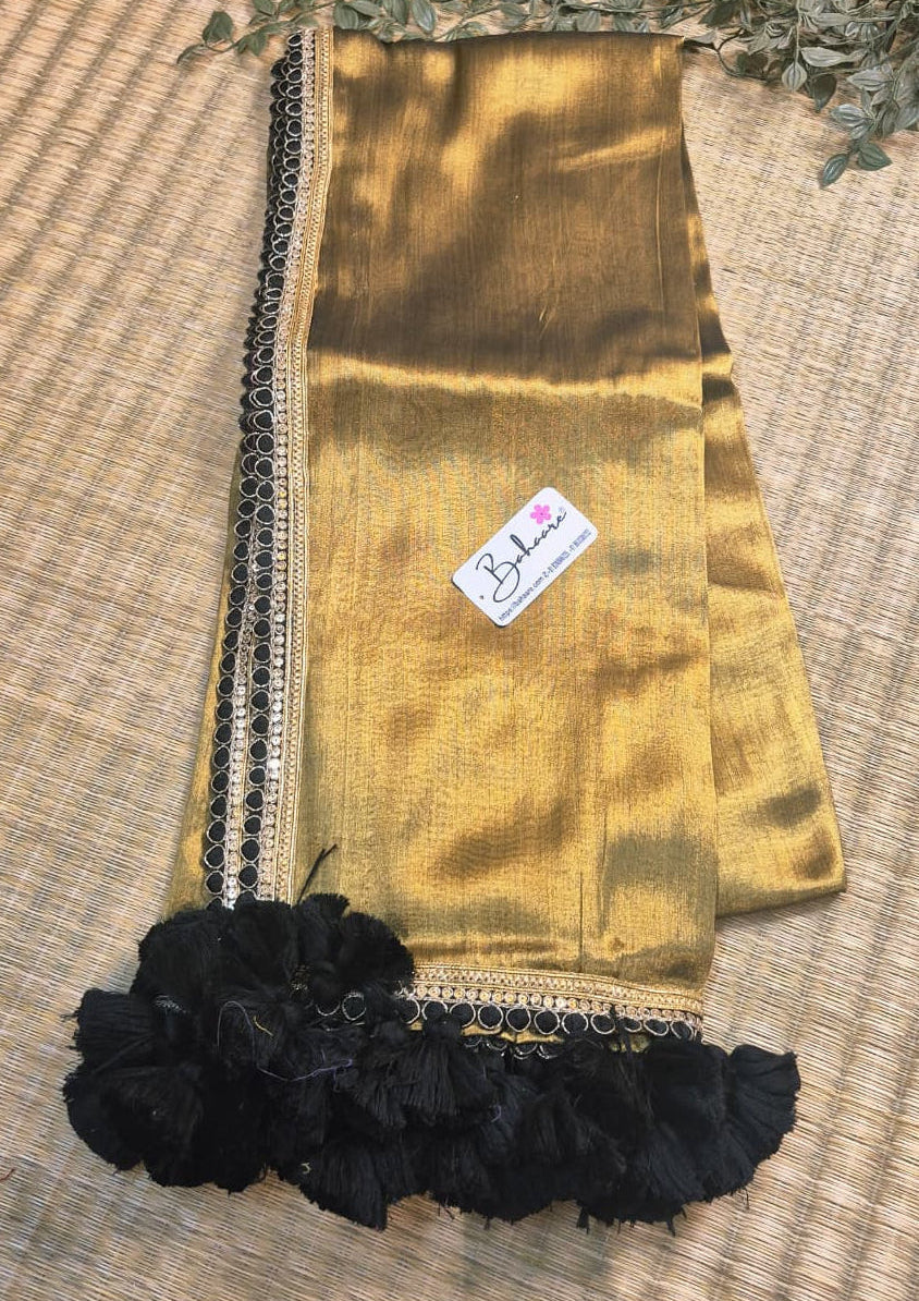 Megha | Antique Gold Tissue Saree with Designer Lace