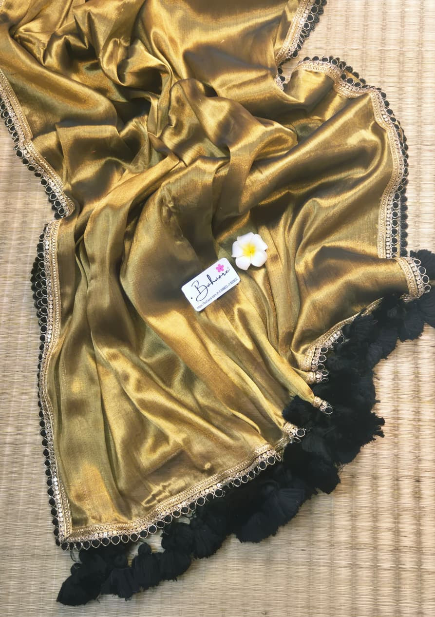 Megha | Antique Gold Tissue Saree with Designer Lace