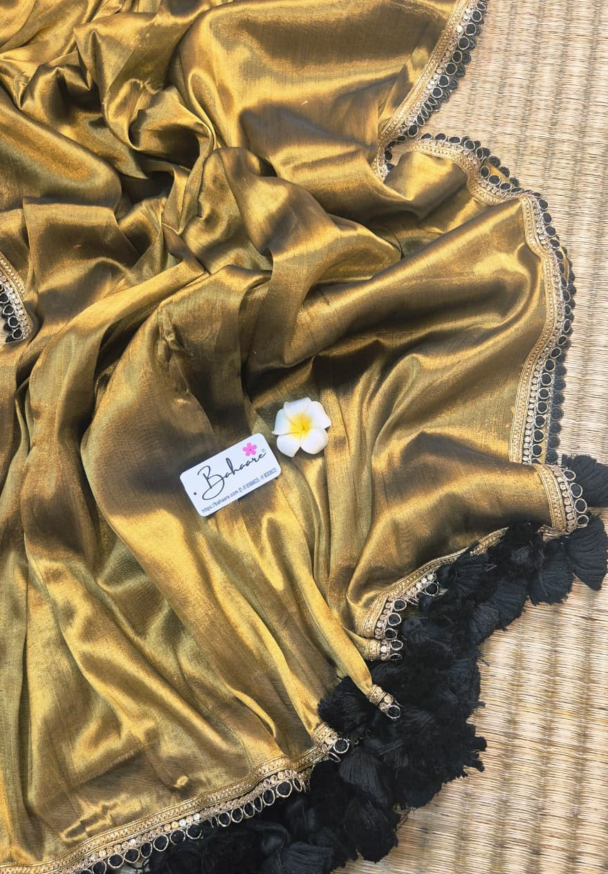 Megha | Antique Gold Tissue Saree with Designer Lace