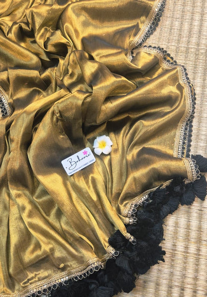 Megha | Antique Gold Tissue Saree with Designer Lace