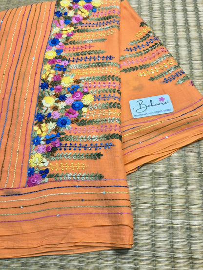 Mohini | Peach Blossom Mul Mul Cotton Saree with Handcrafted Bullion Stich