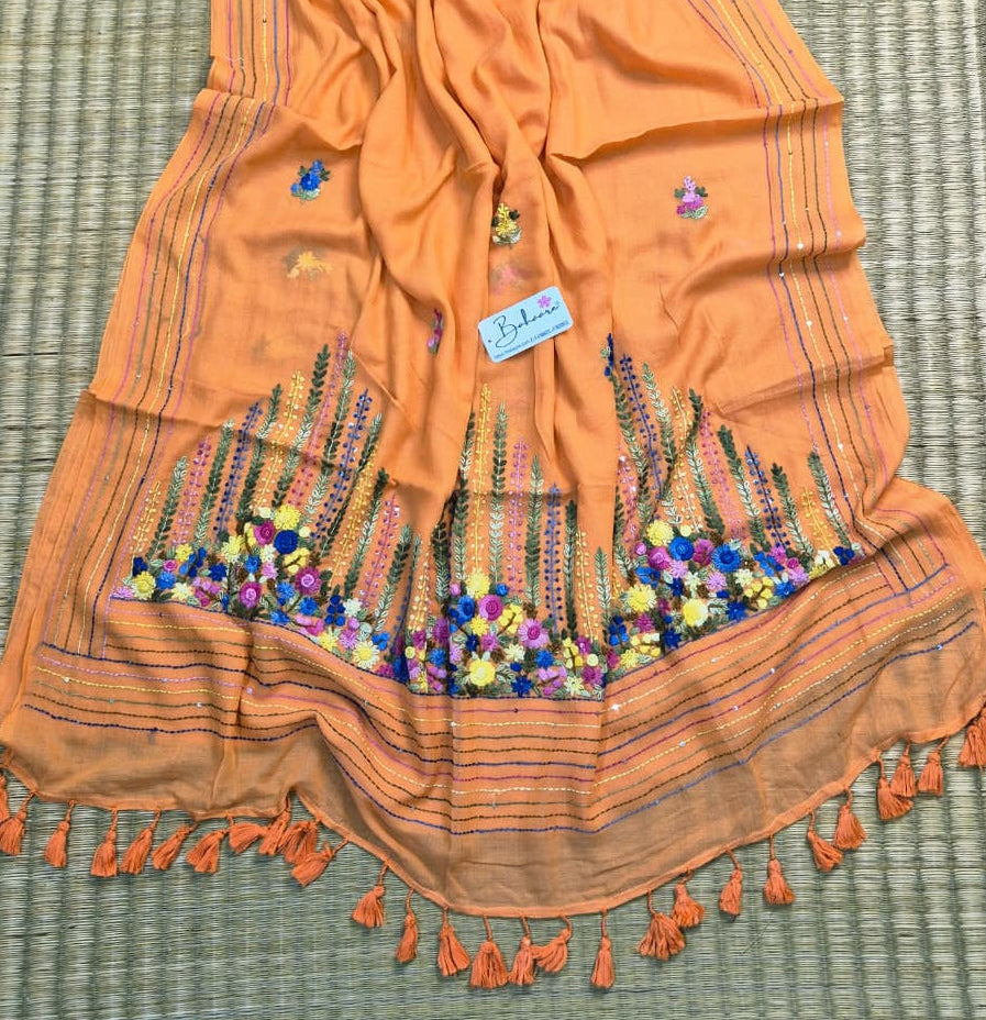 Mohini | Peach Blossom Mul Mul Cotton Saree with Handcrafted Bullion Stich