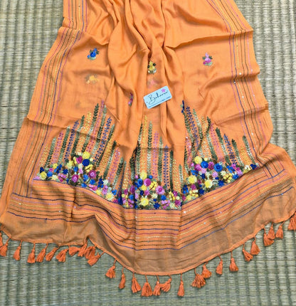 Mohini | Peach Blossom Mul Mul Cotton Saree with Handcrafted Bullion Stich