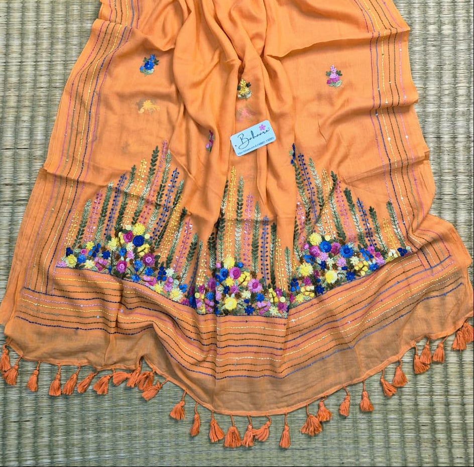 Mohini | Peach Blossom Mul Mul Cotton Saree with Handcrafted Bullion Stich
