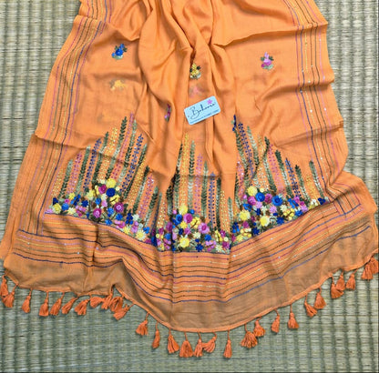 Mohini | Peach Blossom Mul Mul Cotton Saree with Handcrafted Bullion Stich