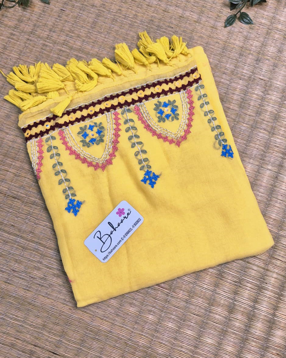 Mohini | Sunshine Yellow Mul Mul Cotton Saree with Handcrafted Bullion Stich