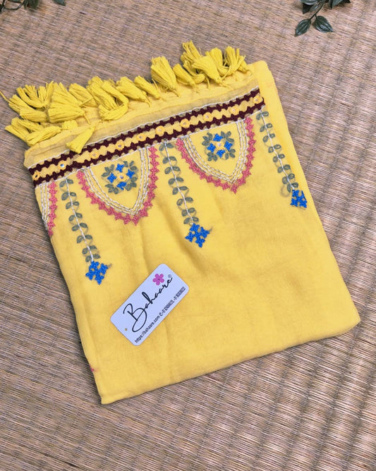 Mohini | Sunshine Yellow Mul Mul Cotton Saree with Handcrafted Bullion Stich