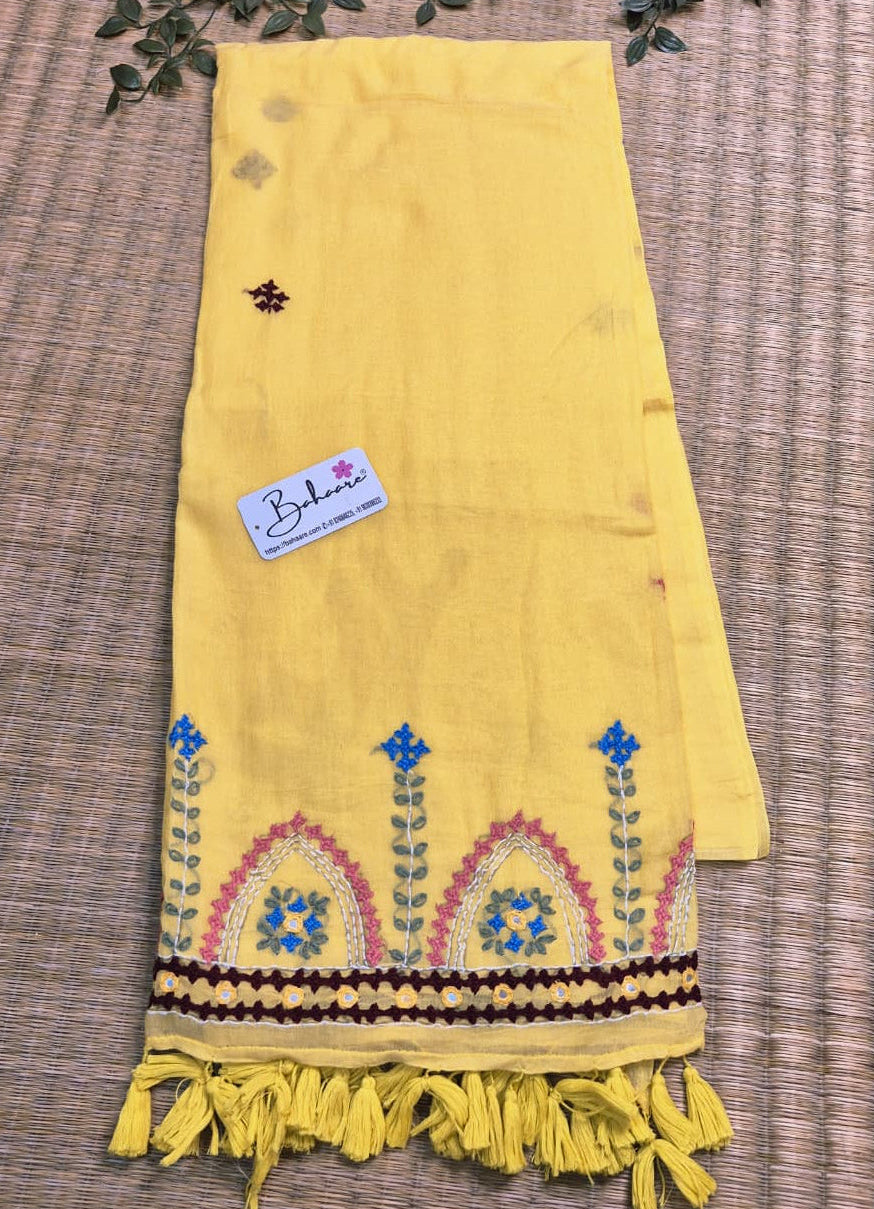 Mohini | Sunshine Yellow Mul Mul Cotton Saree with Handcrafted Bullion Stich