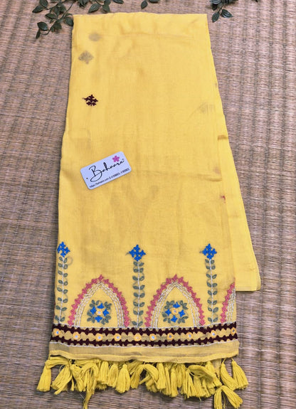 Mohini | Sunshine Yellow Mul Mul Cotton Saree with Handcrafted Bullion Stich