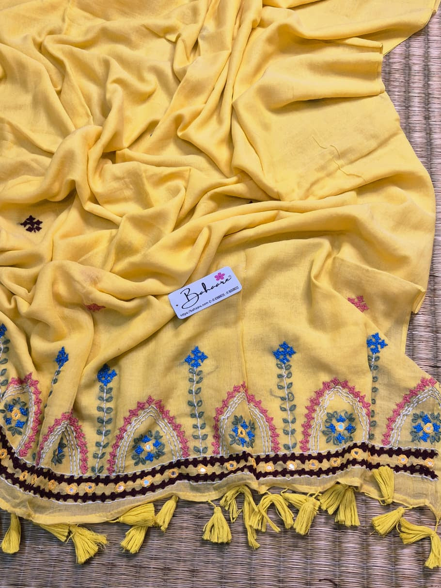 Mohini | Sunshine Yellow Mul Mul Cotton Saree with Handcrafted Bullion Stich