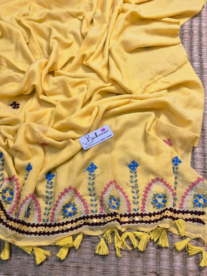 Mohini | Sunshine Yellow Mul Mul Cotton Saree with Handcrafted Bullion Stich