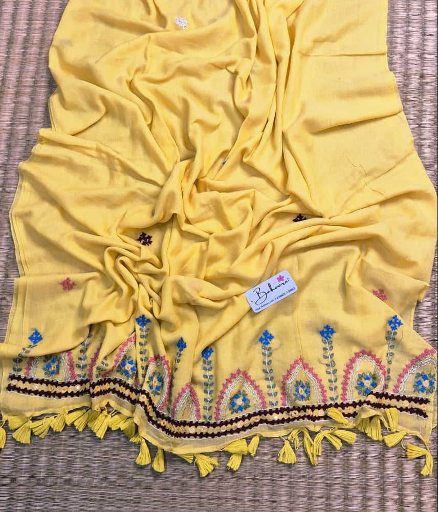 Mohini | Sunshine Yellow Mul Mul Cotton Saree with Handcrafted Bullion Stich