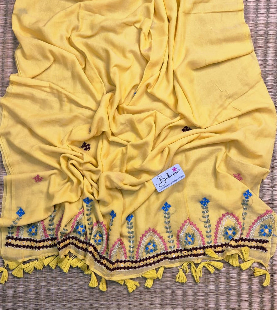Mohini | Sunshine Yellow Mul Mul Cotton Saree with Handcrafted Bullion Stich