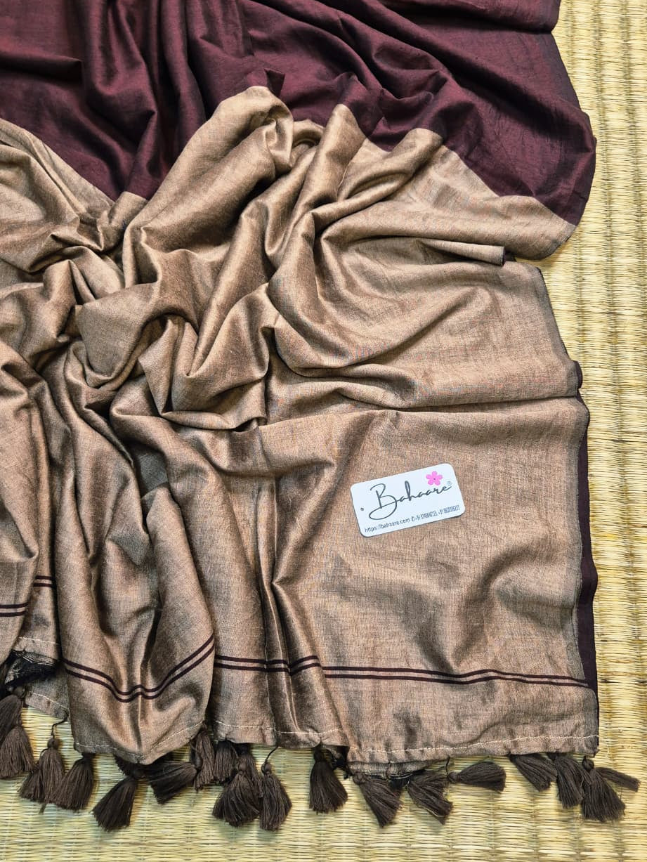 Cotton Galleria | Plum Beige Cotton Acrylic Saree