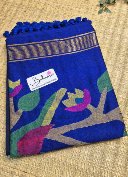 Cotton Galleria | Royal Blue Cotton Acrylic Saree with Paithani Motif