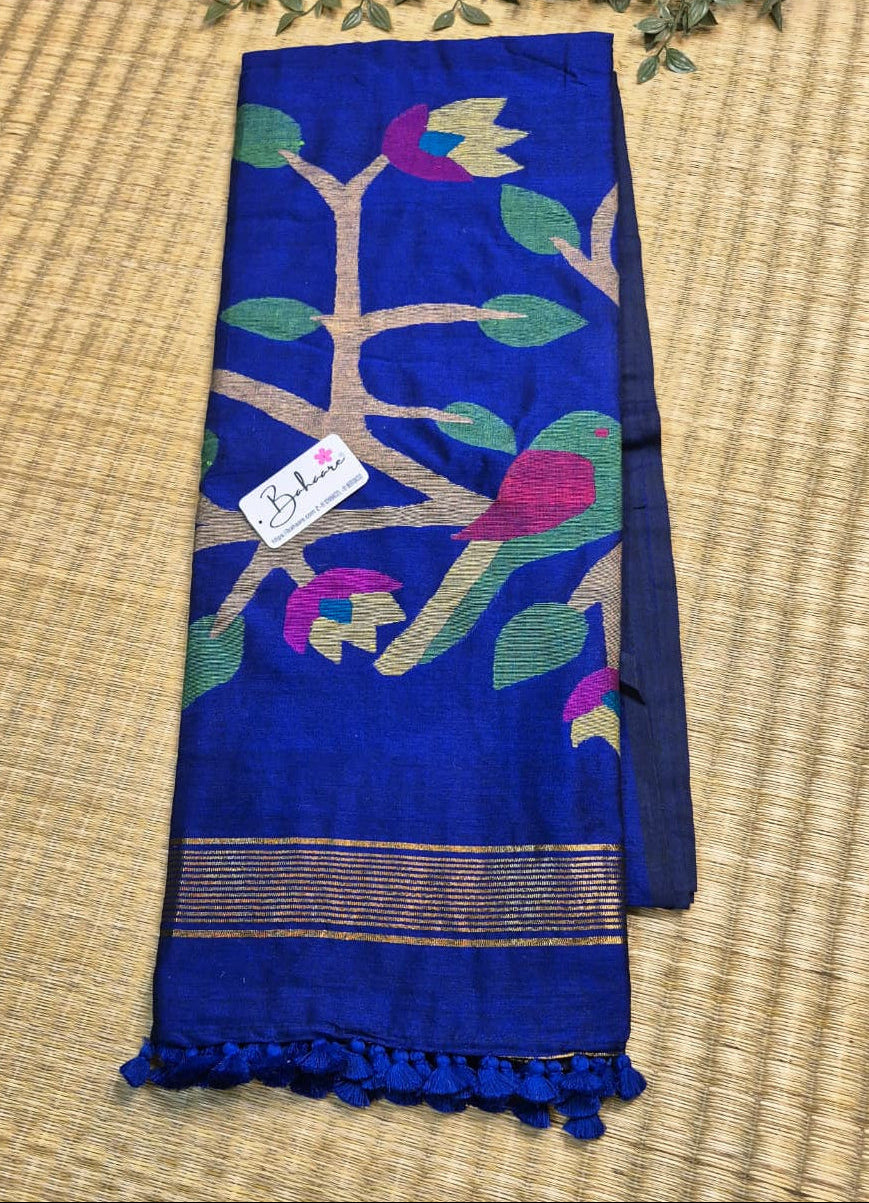 Cotton Galleria | Royal Blue Cotton Acrylic Saree with Paithani Motif