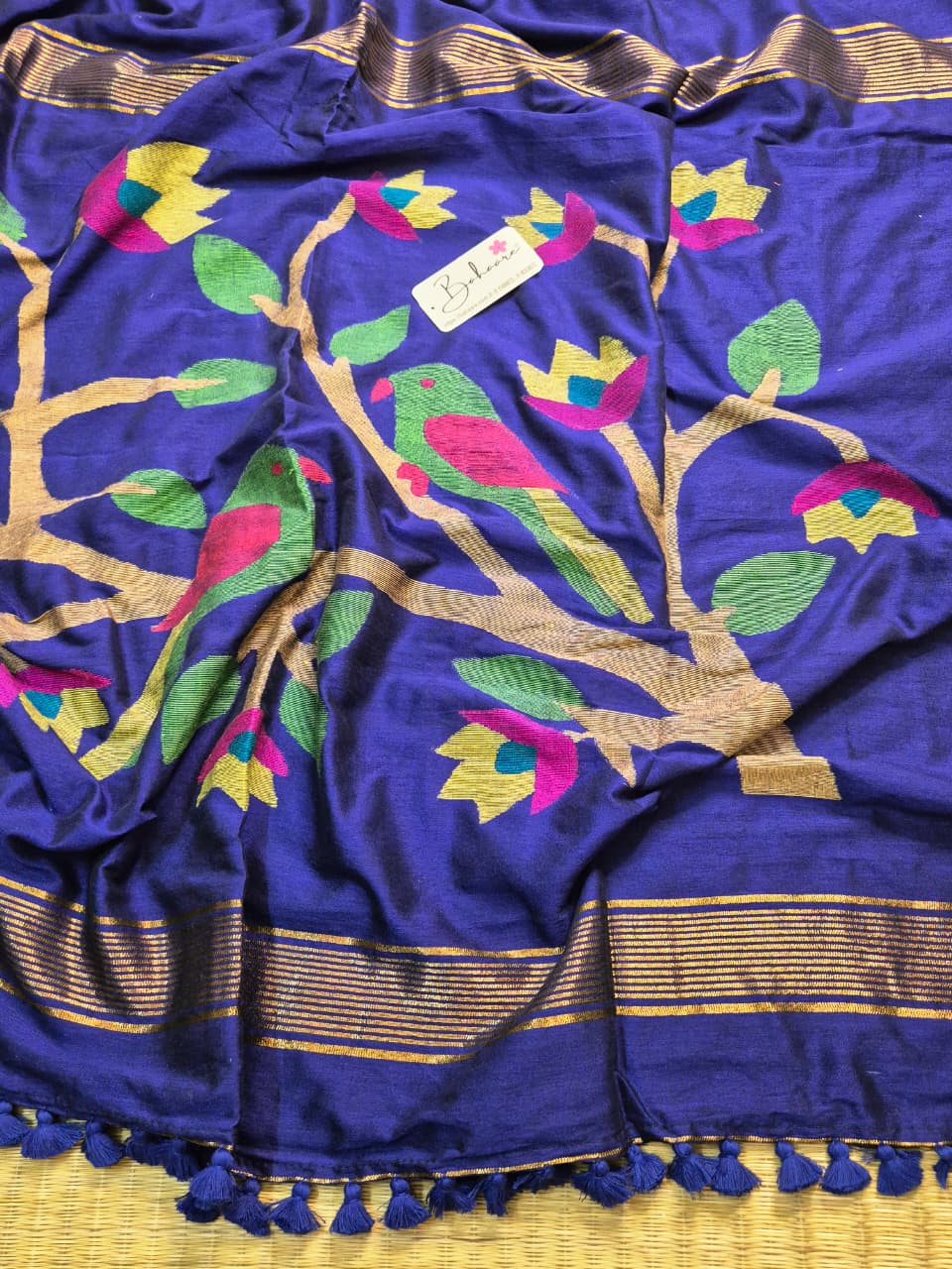 Cotton Galleria | Royal Blue Cotton Acrylic Saree with Paithani Motif
