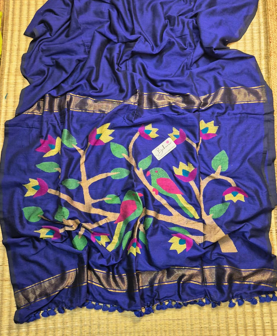 Cotton Galleria | Royal Blue Cotton Acrylic Saree with Paithani Motif