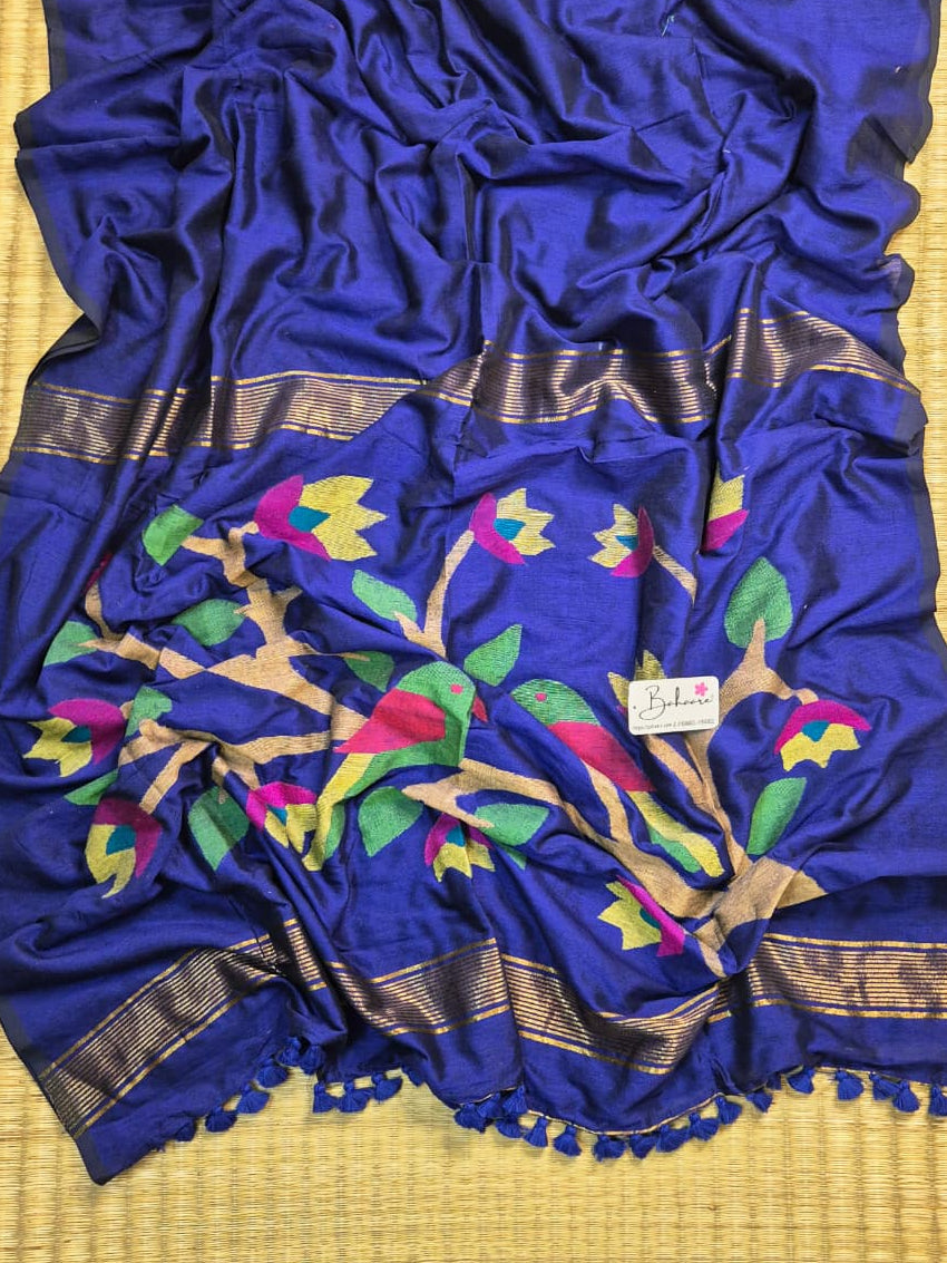 Cotton Galleria | Royal Blue Cotton Acrylic Saree with Paithani Motif