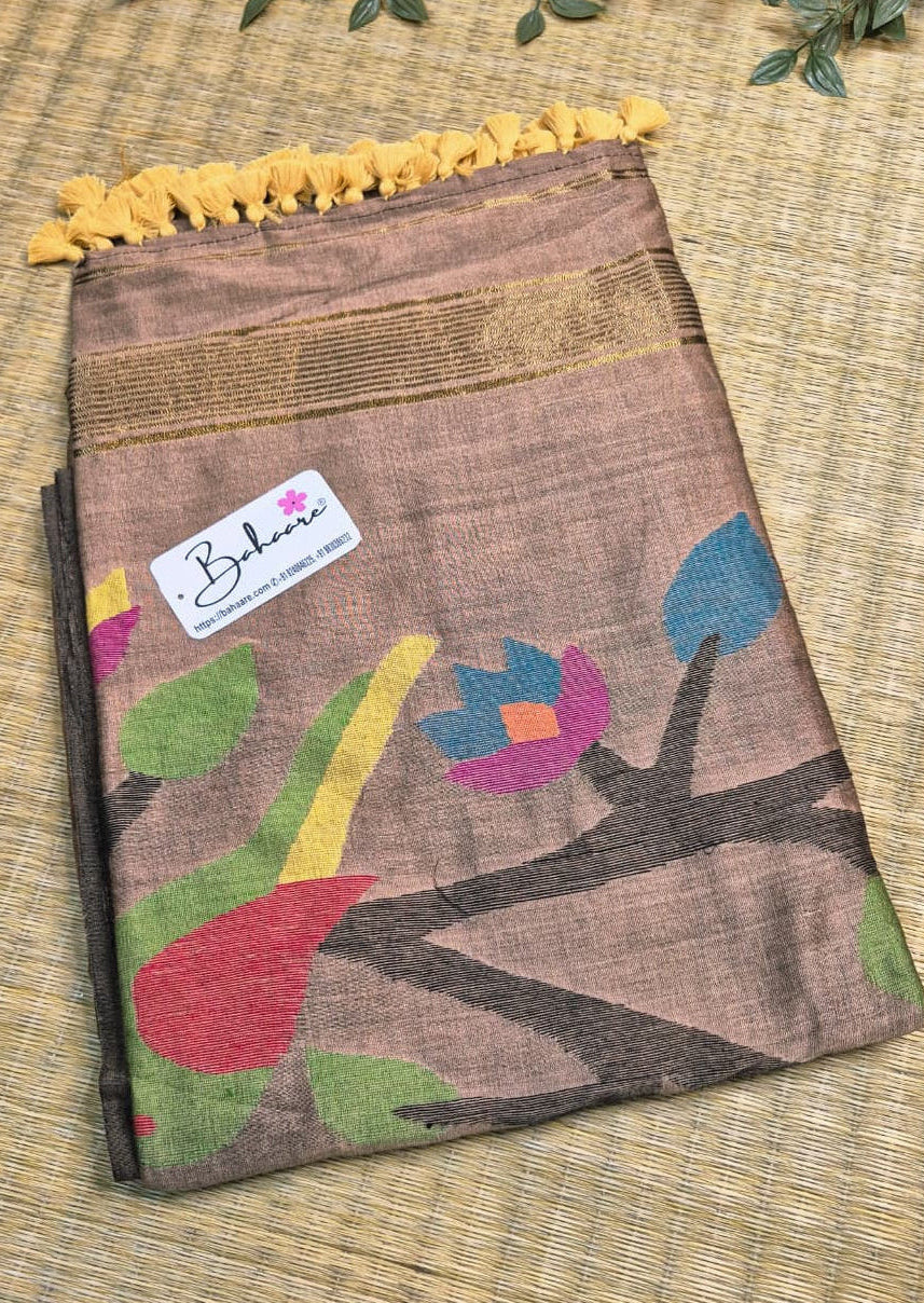 Cotton Galleria | Elegant Beige Cotton Acrylic Saree with Paithani Motif